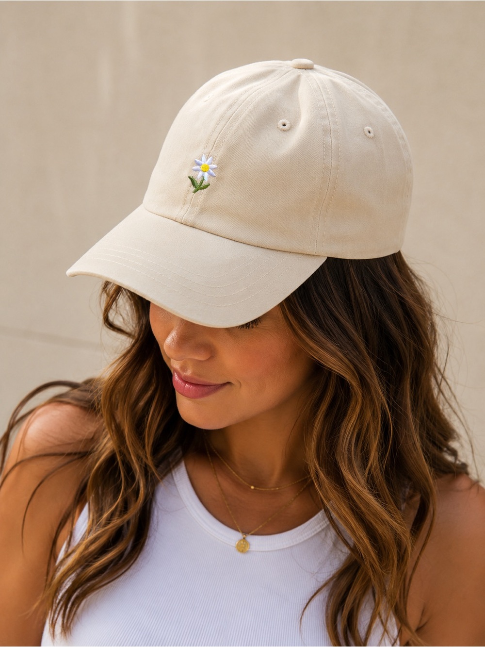 Beige Daisy Embroidered Cap